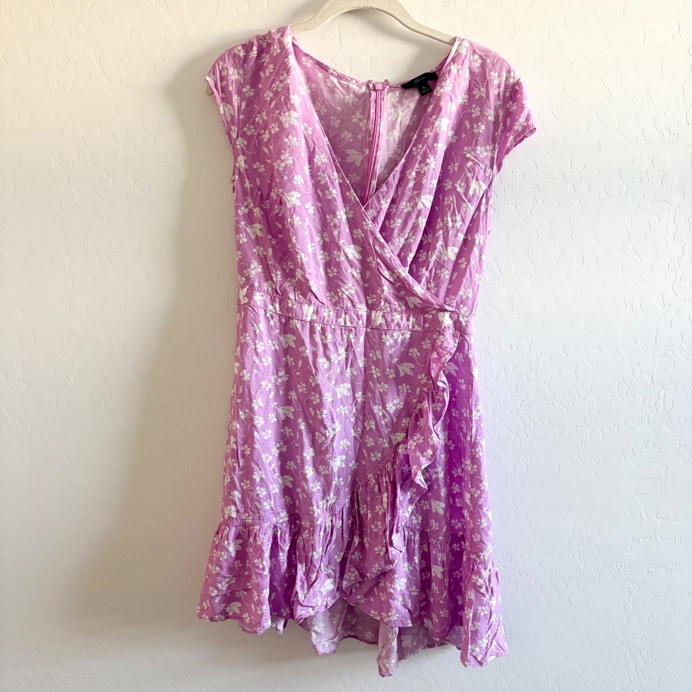 J. Crew Wrap Dress Floral Print Purple White Cap Sleeve Ruffle Midi Size 6 - Picture 2 of 8